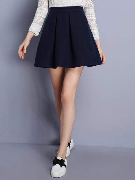 Navy Blue Folds Casual A-line Mini Skirt - StyleWe.com